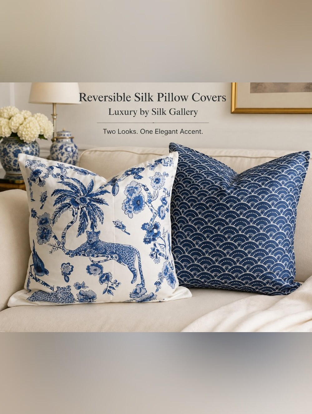 Z Gallerie Reversible Silk Pillow Cover Blue White Leopard Chinoiserie